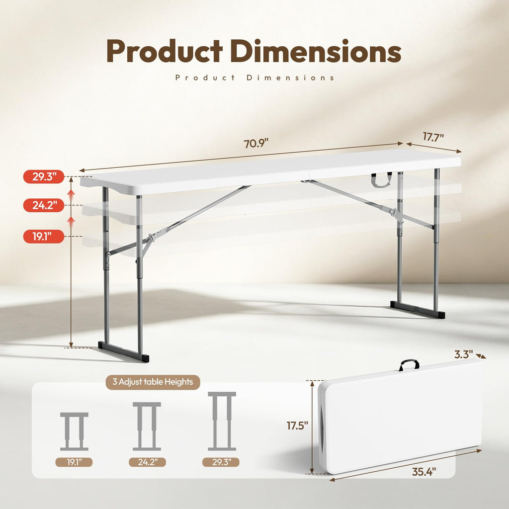 White 6 FT Narrow Folding Table with Carrying Handle Q10144