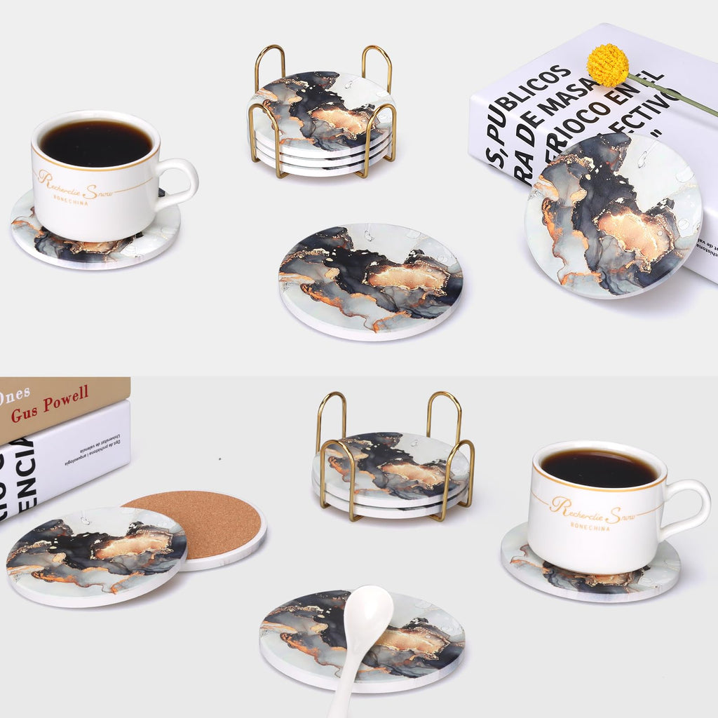 Black Marble Abstract Ceramic Coasters with Holder D717227