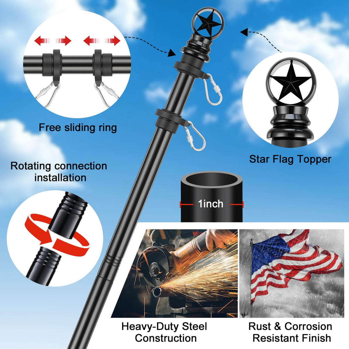 5ft Stainless Steel Flagpole with 3x5 Embroidered US Flag T9845