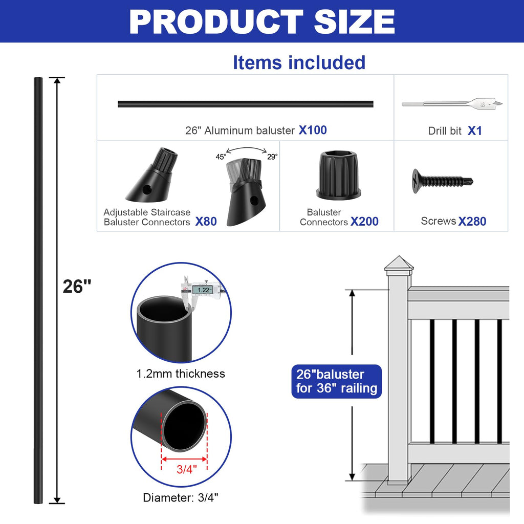 100 Pack 26" Round Black Aluminum Deck Balusters F159003