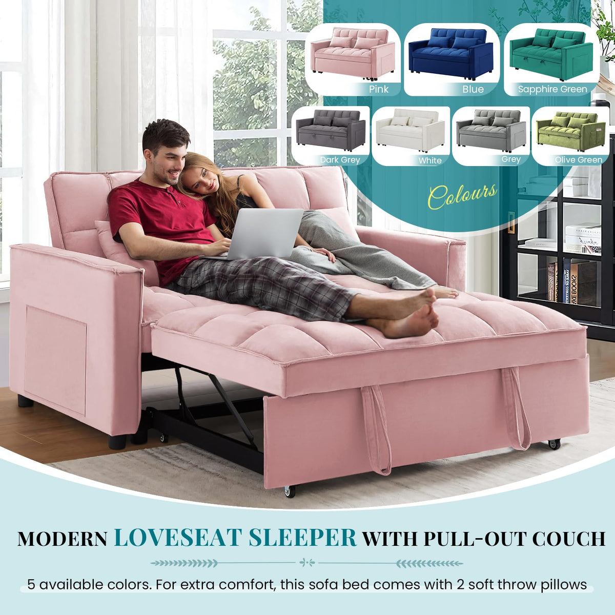 Pink Velvet Convertible Sleeper Sofa Bed X395