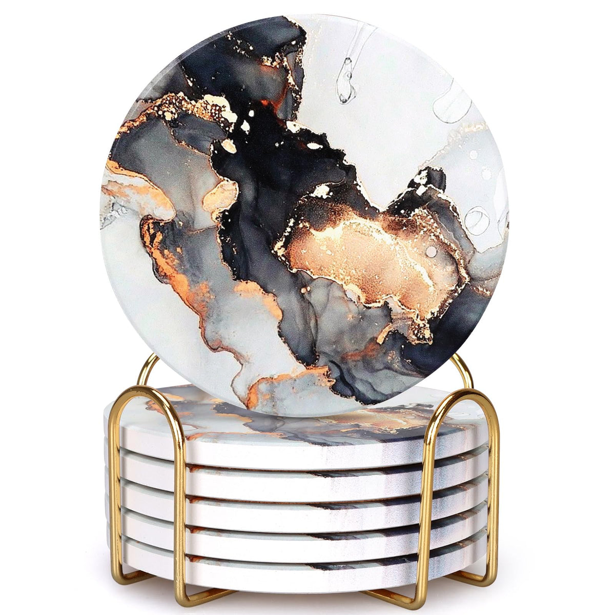 Black Marble Abstract Ceramic Coasters with Holder D717227