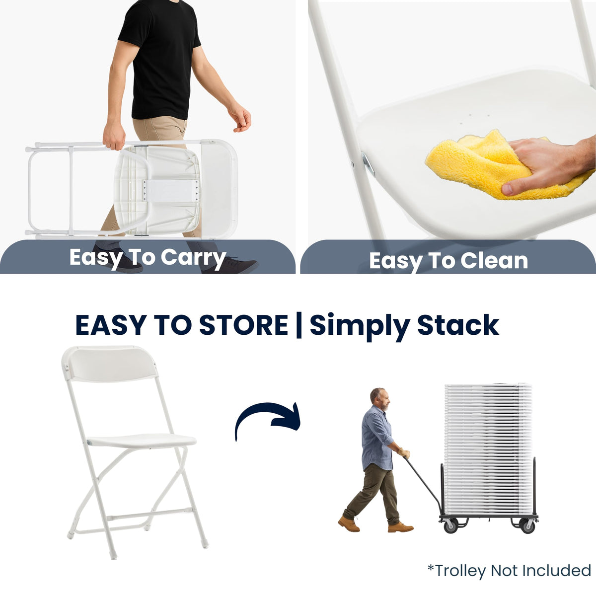 White Plastic Folding Chairs Set of 10 Steel Frame I9030