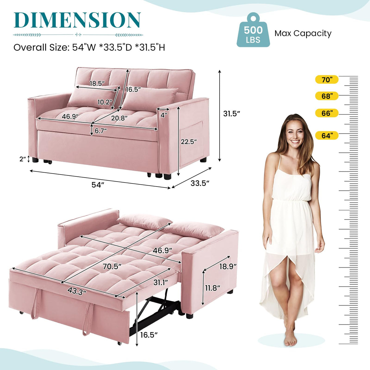 Pink Velvet Convertible Sleeper Sofa Bed X395