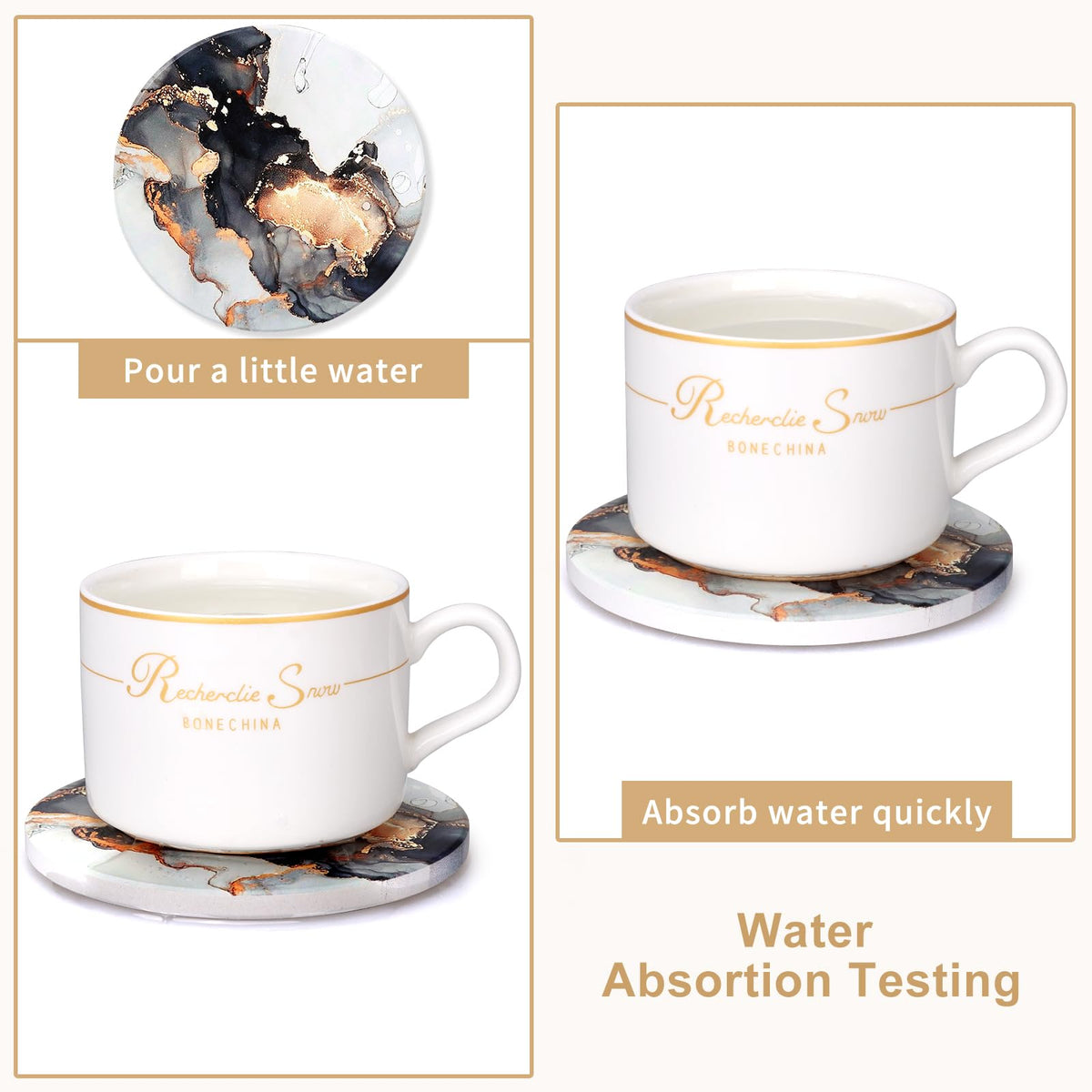 Black Marble Abstract Ceramic Coasters with Holder D717227