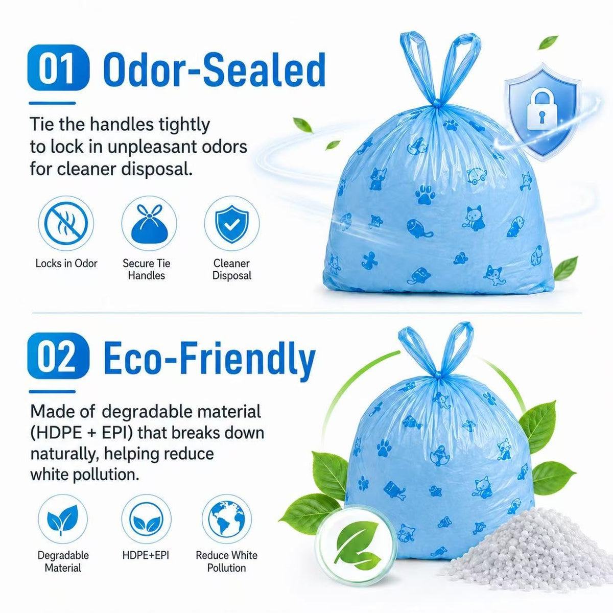 Cat Litter Poop Pick-Up Bags with Handles, Leak Proof, Unscented, 100 bags Y84591