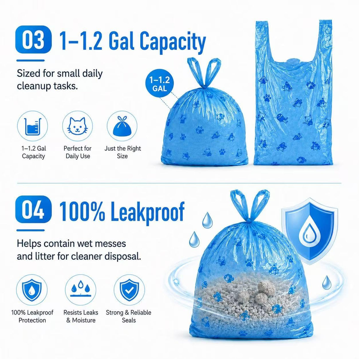 Cat Litter Poop Pick-Up Bags with Handles, Leak Proof, Unscented, 100 bags Y84591