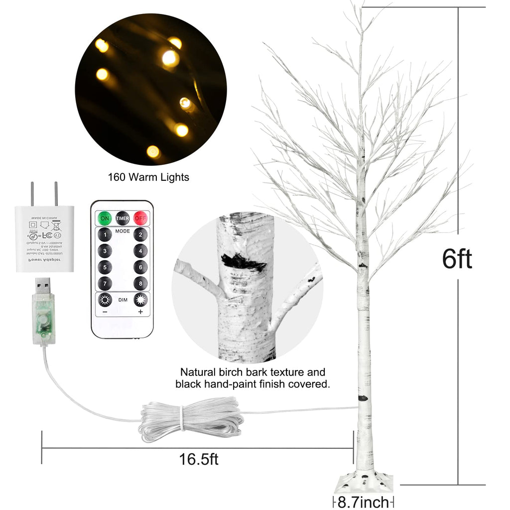 6FT Lighted Birch Tree with 160 LEDs Warm White Lights I7034
