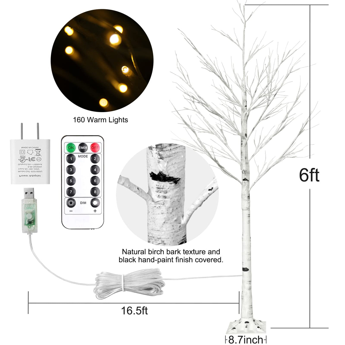 6FT Lighted Birch Tree with 160 LEDs Warm White Lights I7034
