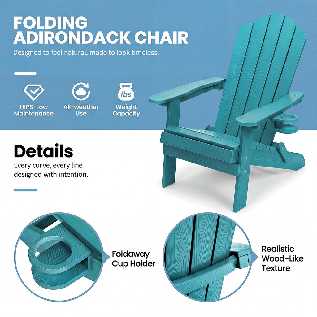 Folding Adirondack Chairs Set of 4 All-Weather Outdoor Chair with Cup Holder X830