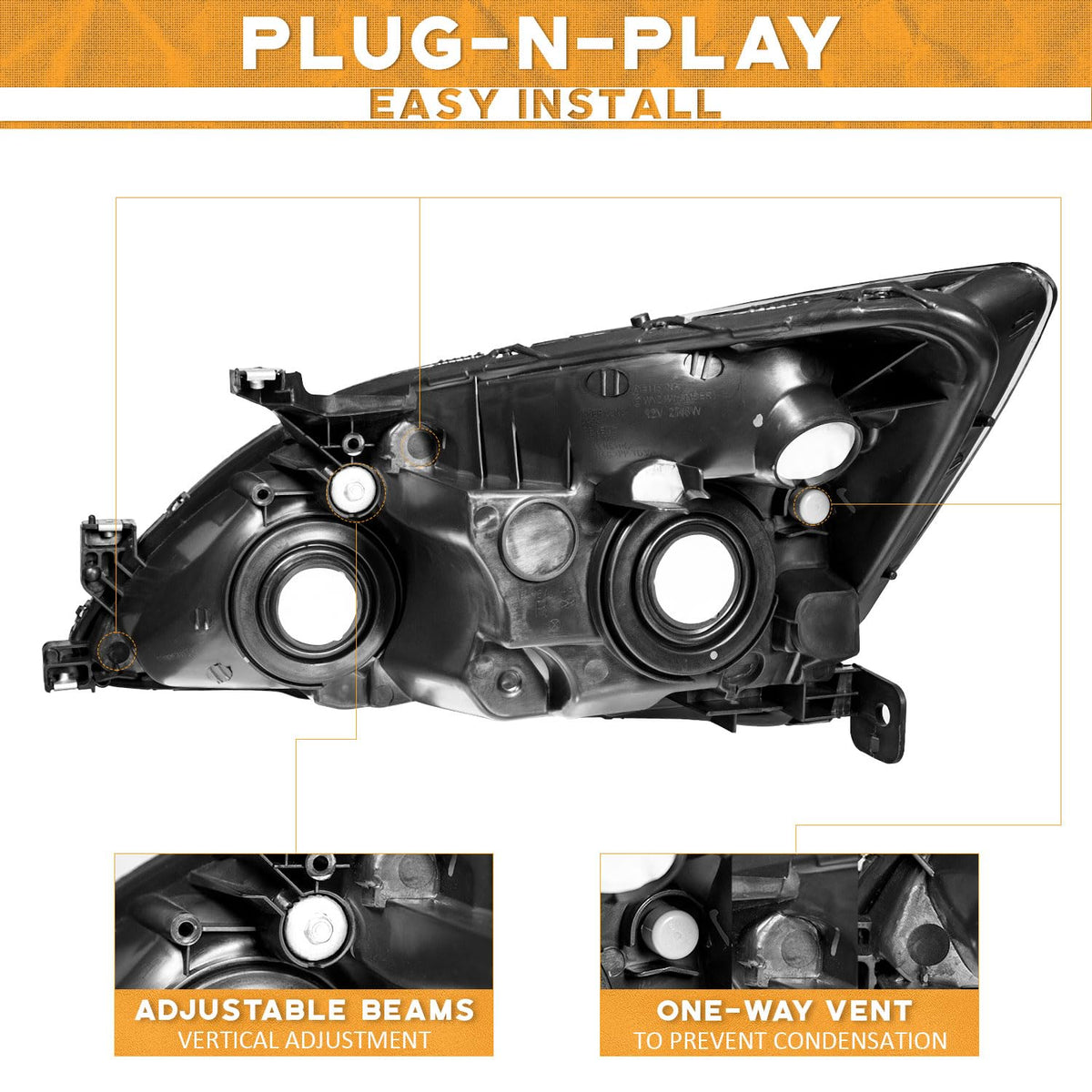 Headlights for 2003-2007 Honda Accord Chrome Housing Amber Reflector Left+Right Y68402