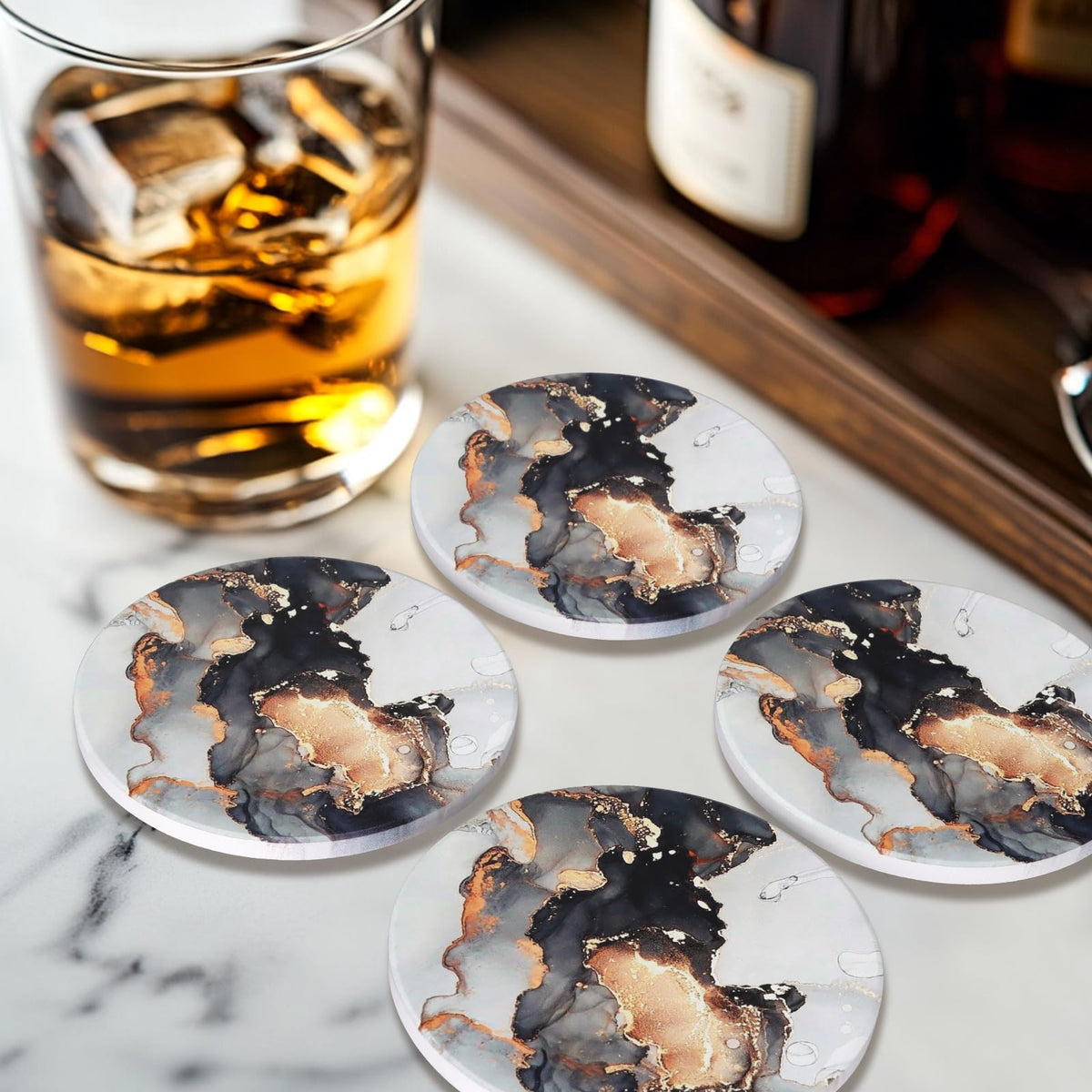Black Marble Abstract Ceramic Coasters with Holder D717227