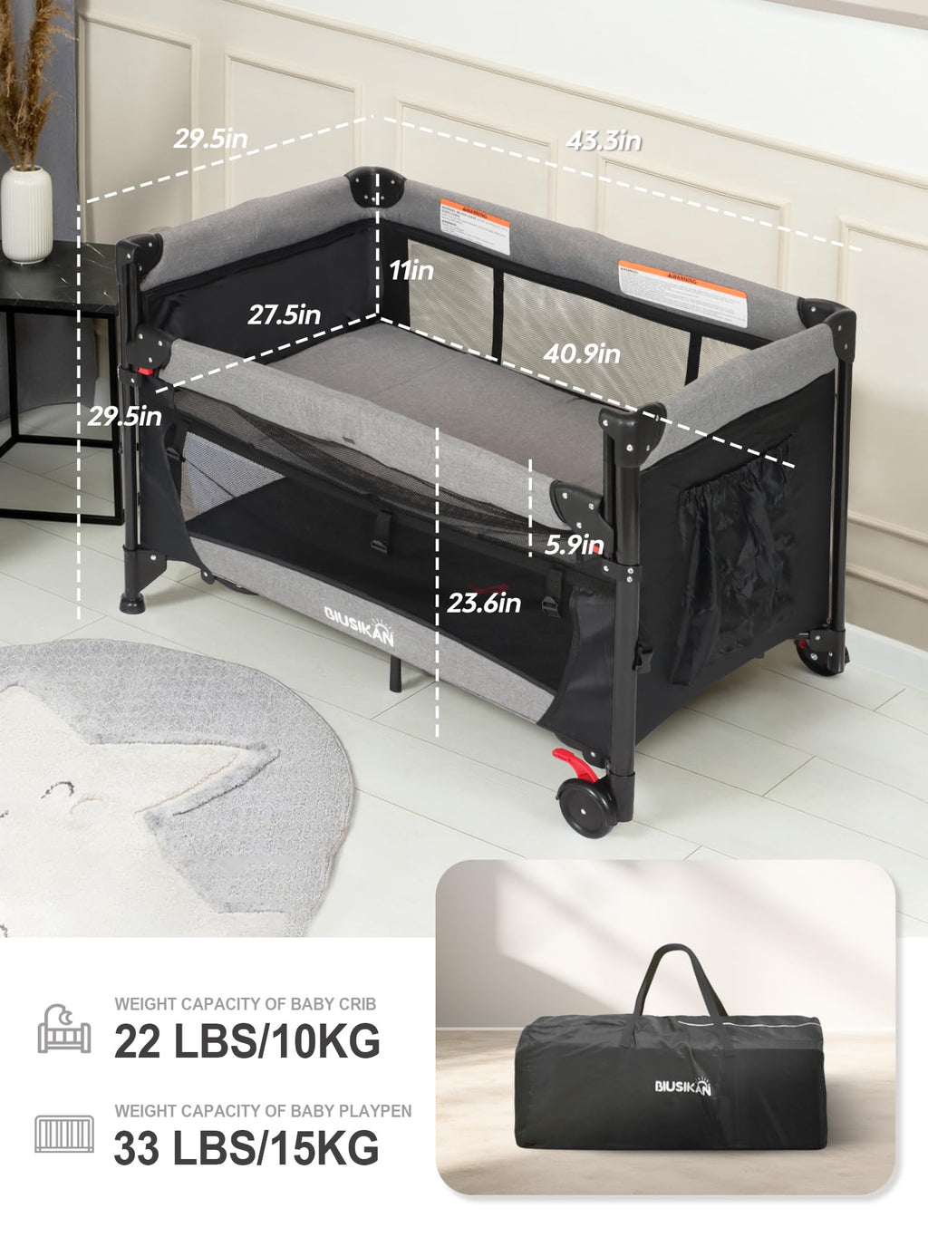 Baby Bassinet, Pack and Play with Bassinet, Bedside Sleeper with Diaper Changer K6198