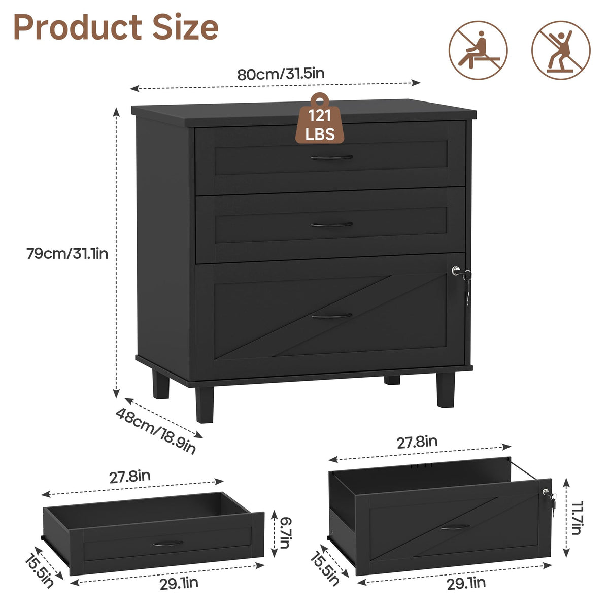 3-Drawer Wooden File Cabinet with Lock C1670