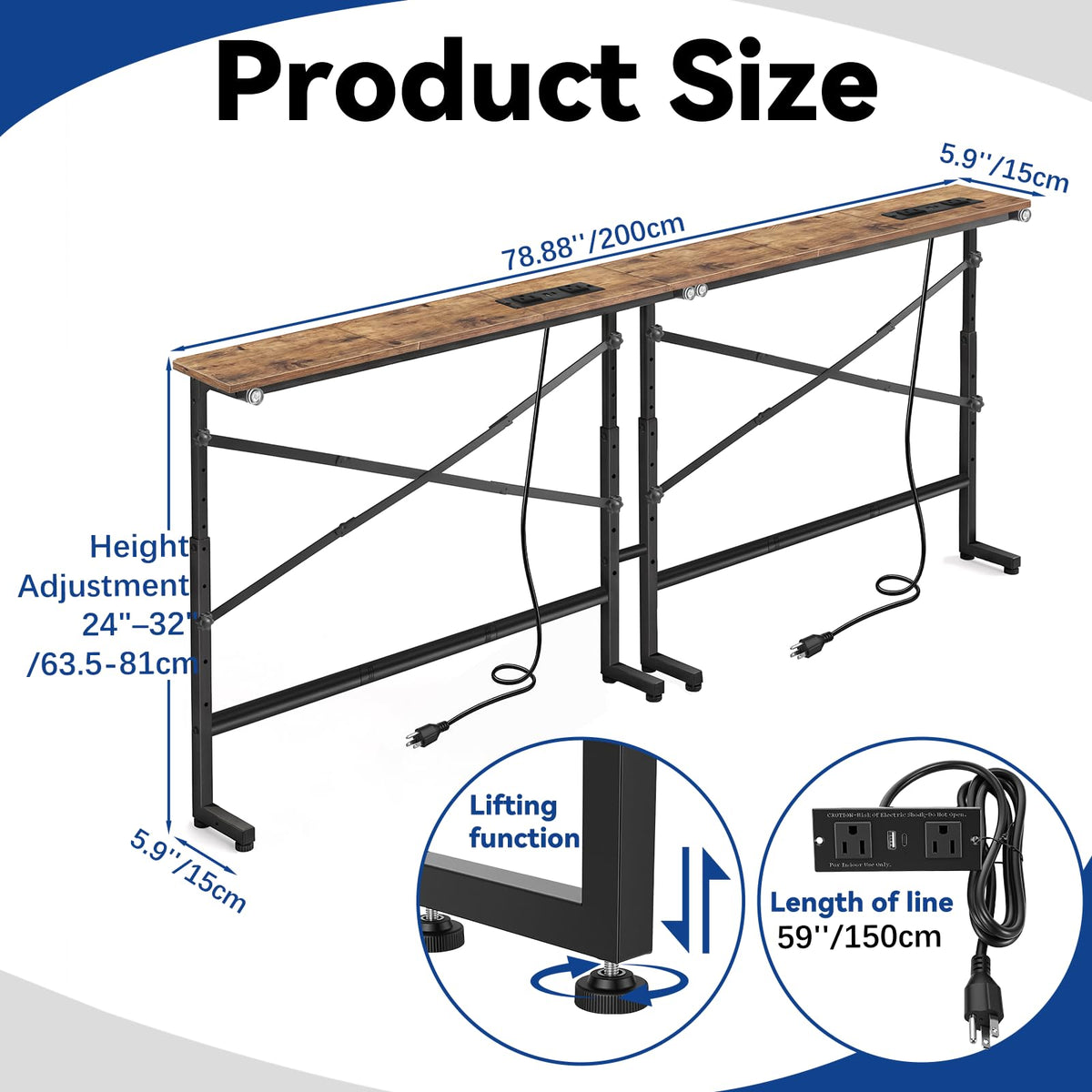 78.8 Inch Narrow Console Table with 2 AC Outlet R662