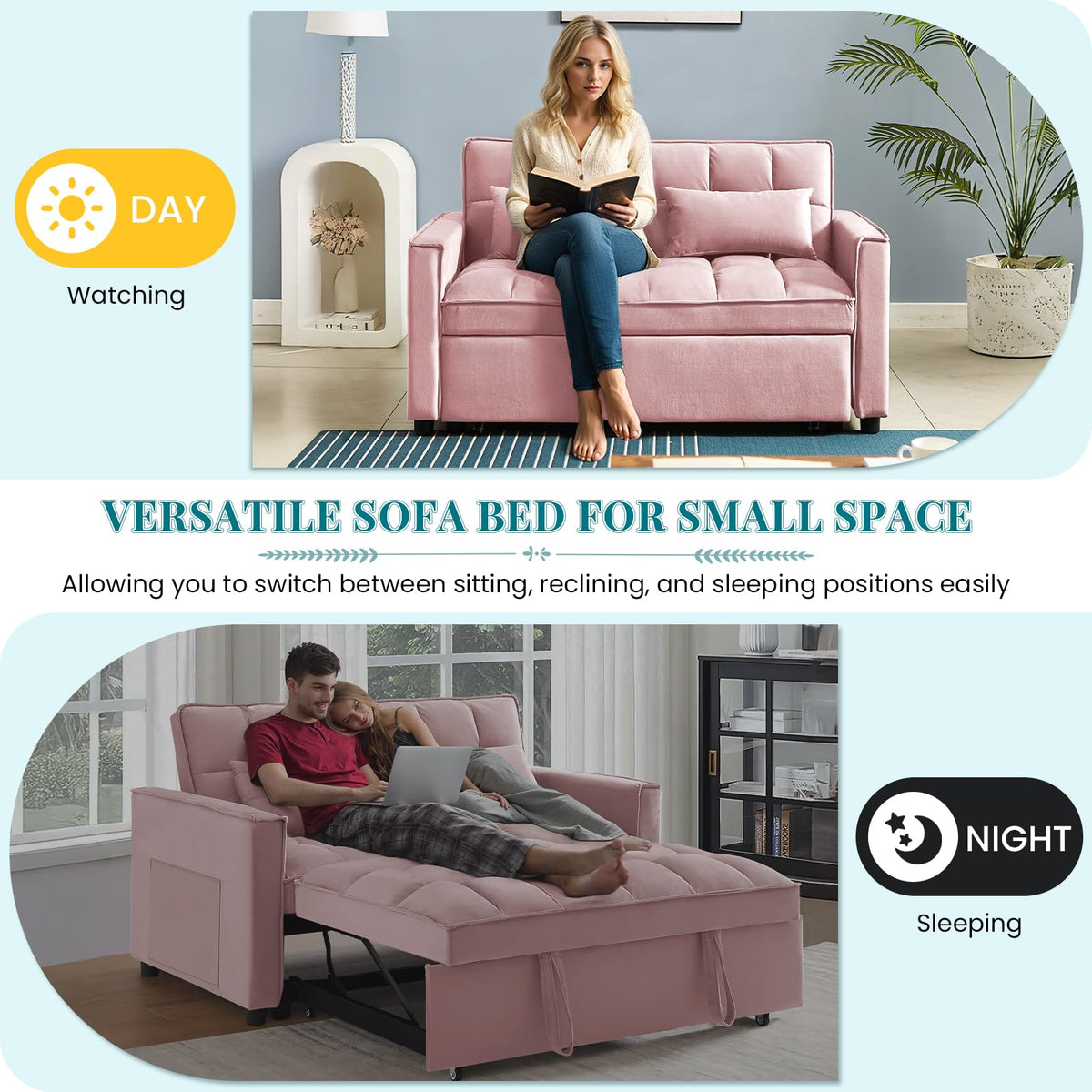 Pink Velvet Convertible Sleeper Sofa Bed X395