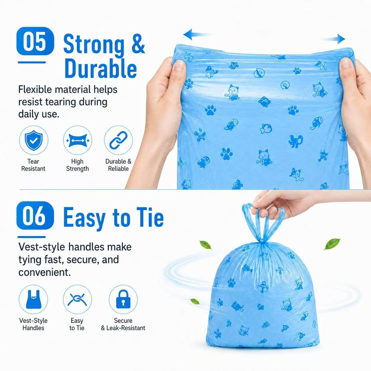 Cat Litter Poop Pick-Up Bags with Handles, Leak Proof, Unscented, 100 bags Y84591