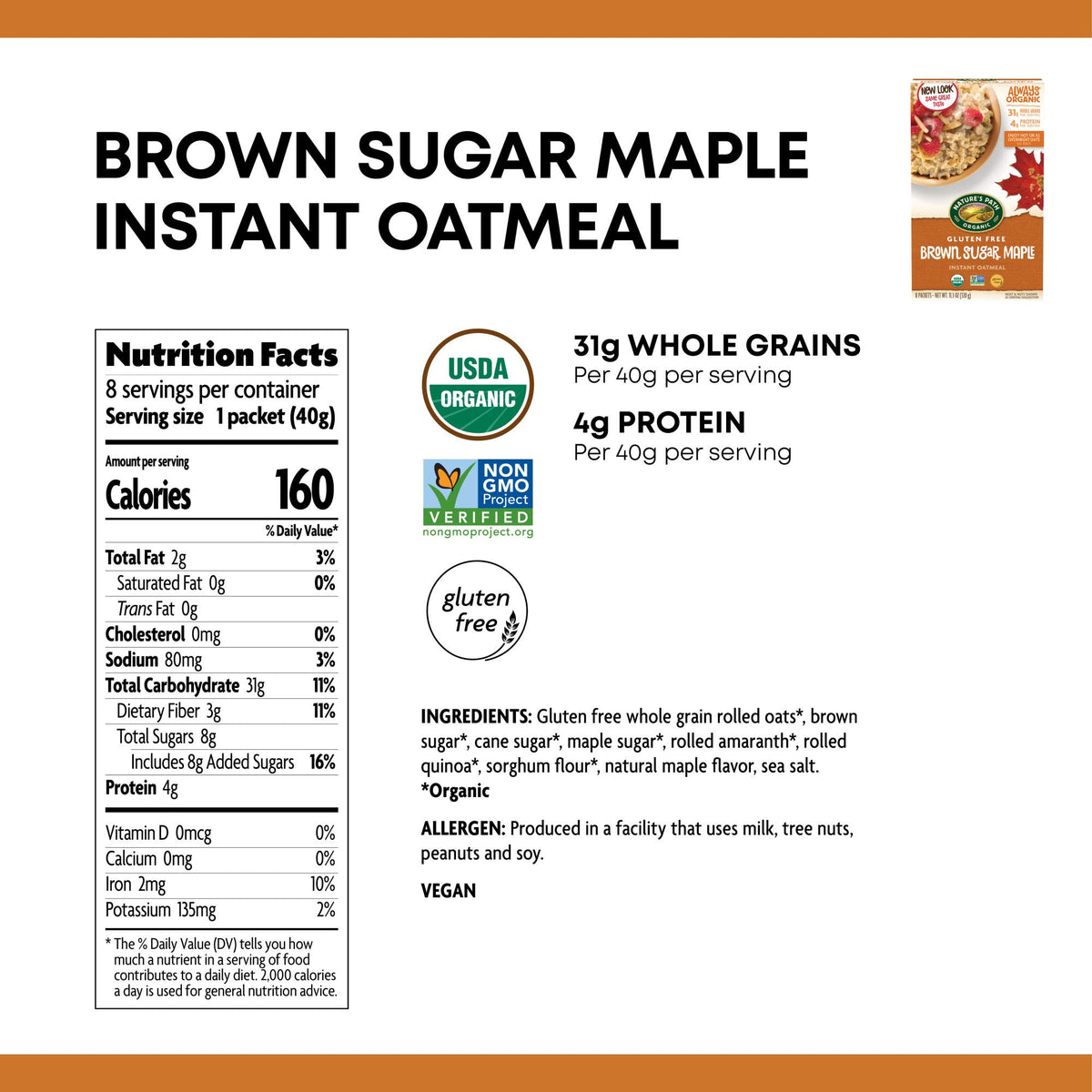 Organic Gluten Free Brown Sugar Maple Instant Oatmeal 32 Packet X931
