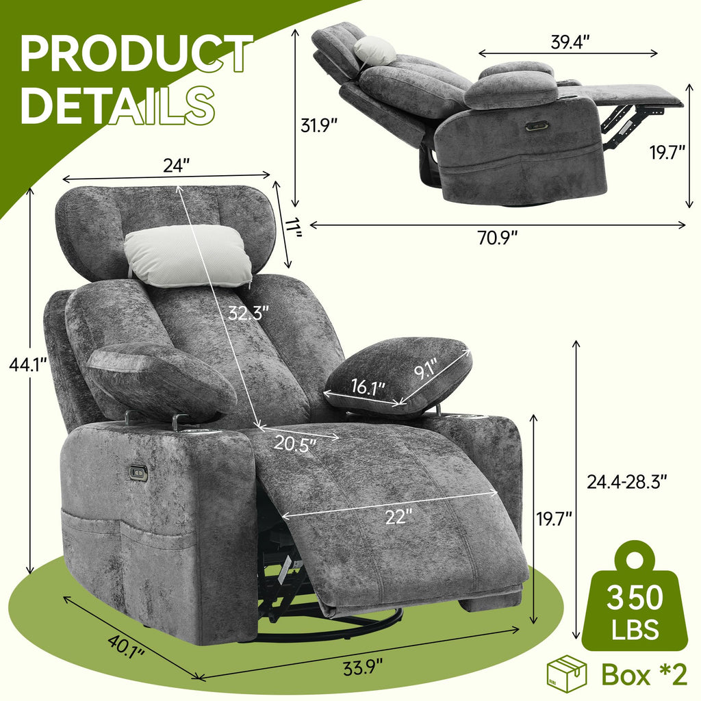 Dark Gray Swivel Rocking Recliner Chair with USB Charging U8305