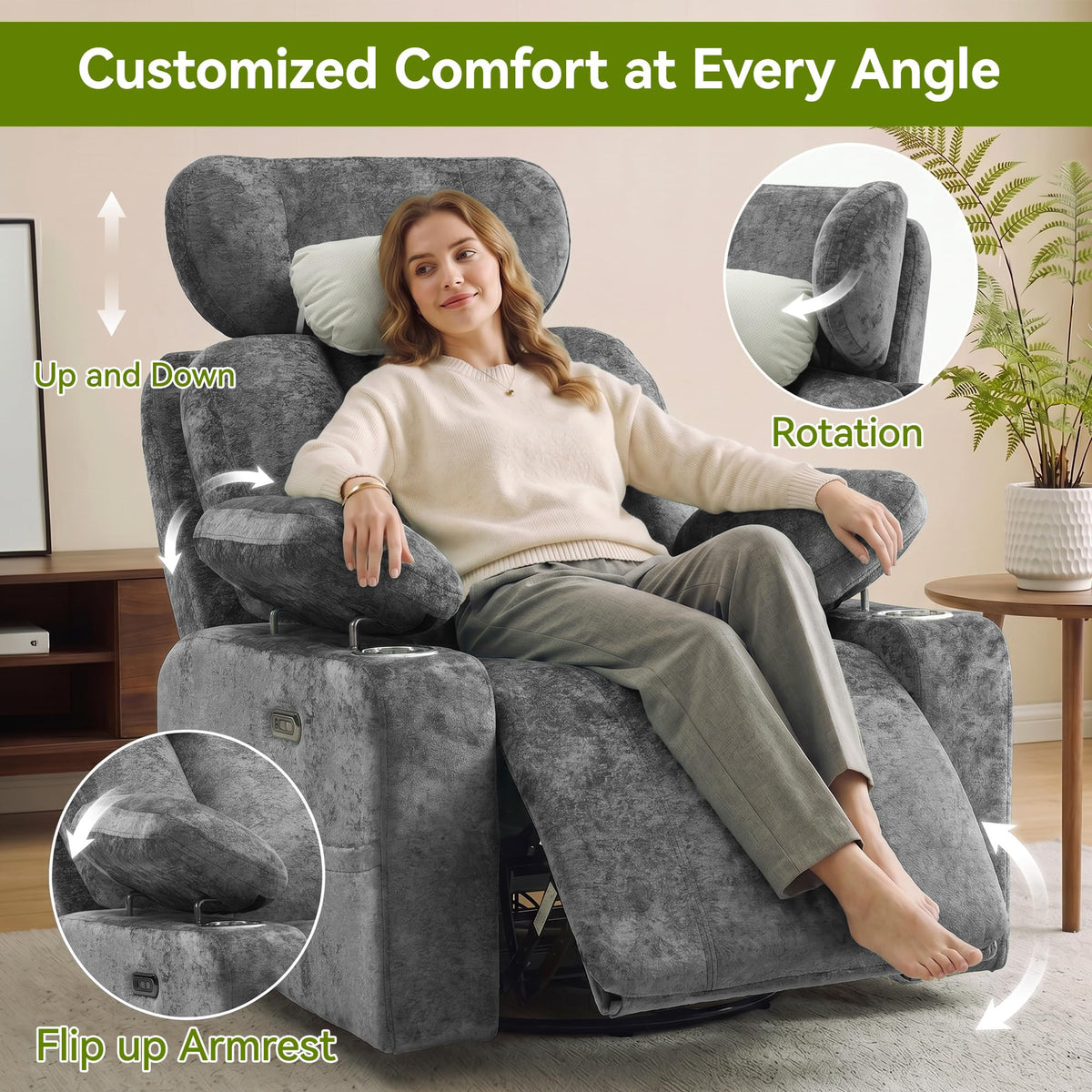Dark Gray Swivel Rocking Recliner Chair with USB Charging U8305
