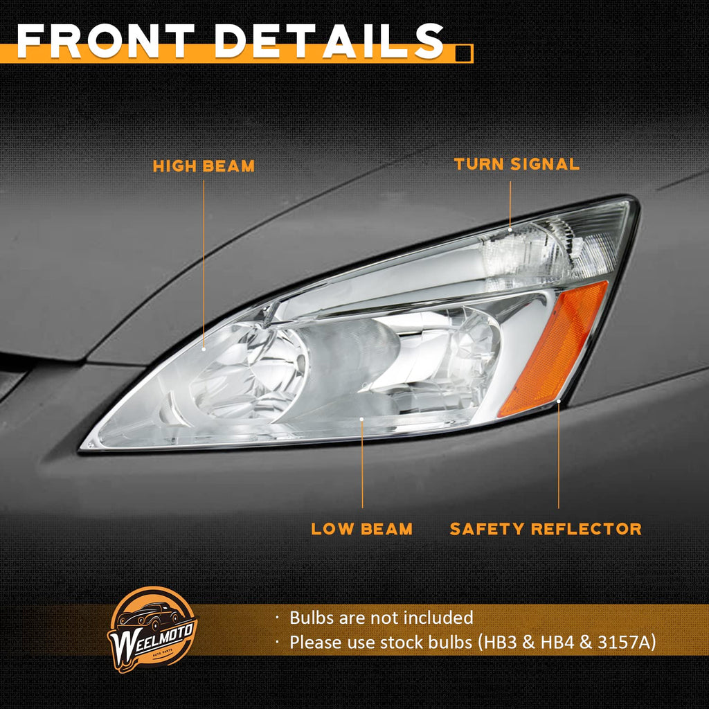 Headlights for 2003-2007 Honda Accord Chrome Housing Amber Reflector Left+Right Y68402