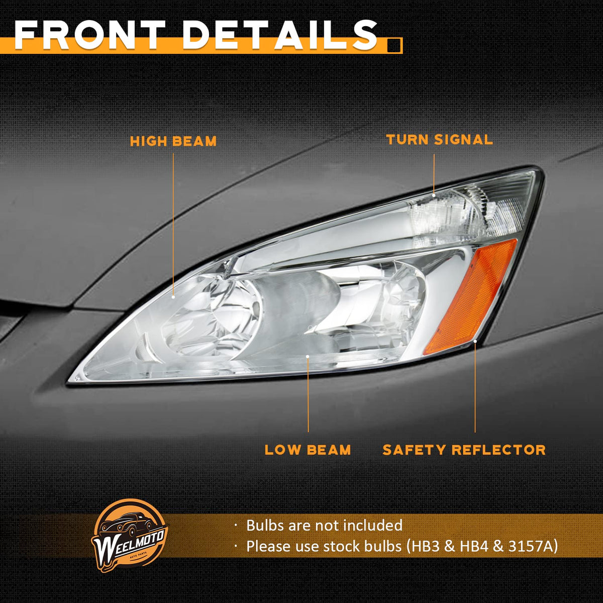 Headlights for 2003-2007 Honda Accord Chrome Housing Amber Reflector Left+Right Y68402