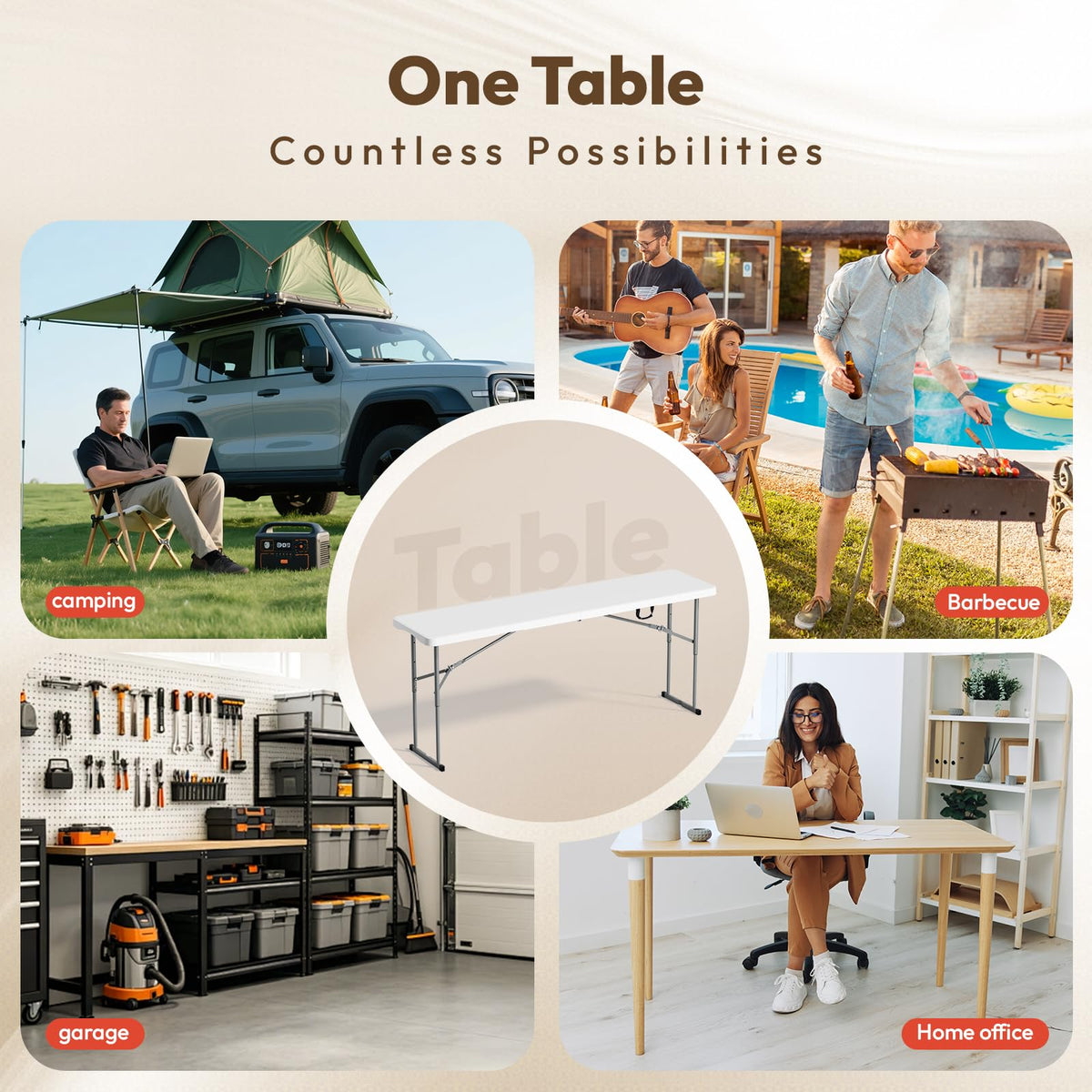 White 6 FT Narrow Folding Table with Carrying Handle Q10144