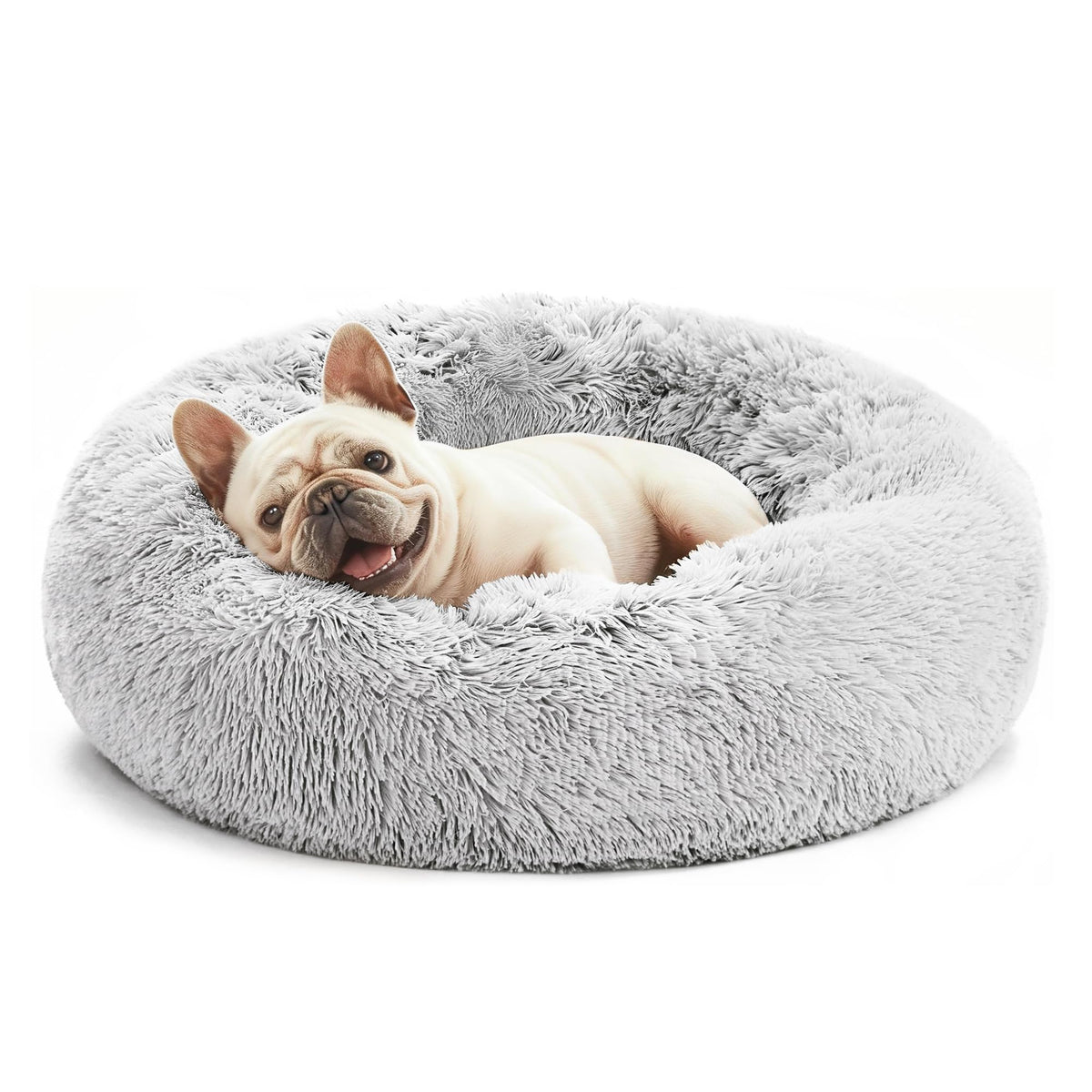 Grey 20in Fluffy Faux Fur Round Cat Bed L937539