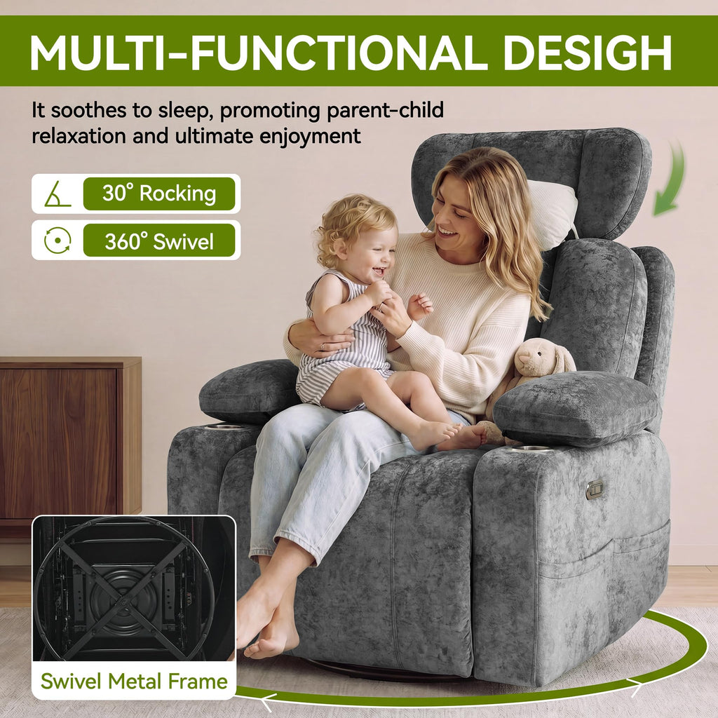 Dark Gray Swivel Rocking Recliner Chair with USB Charging U8305