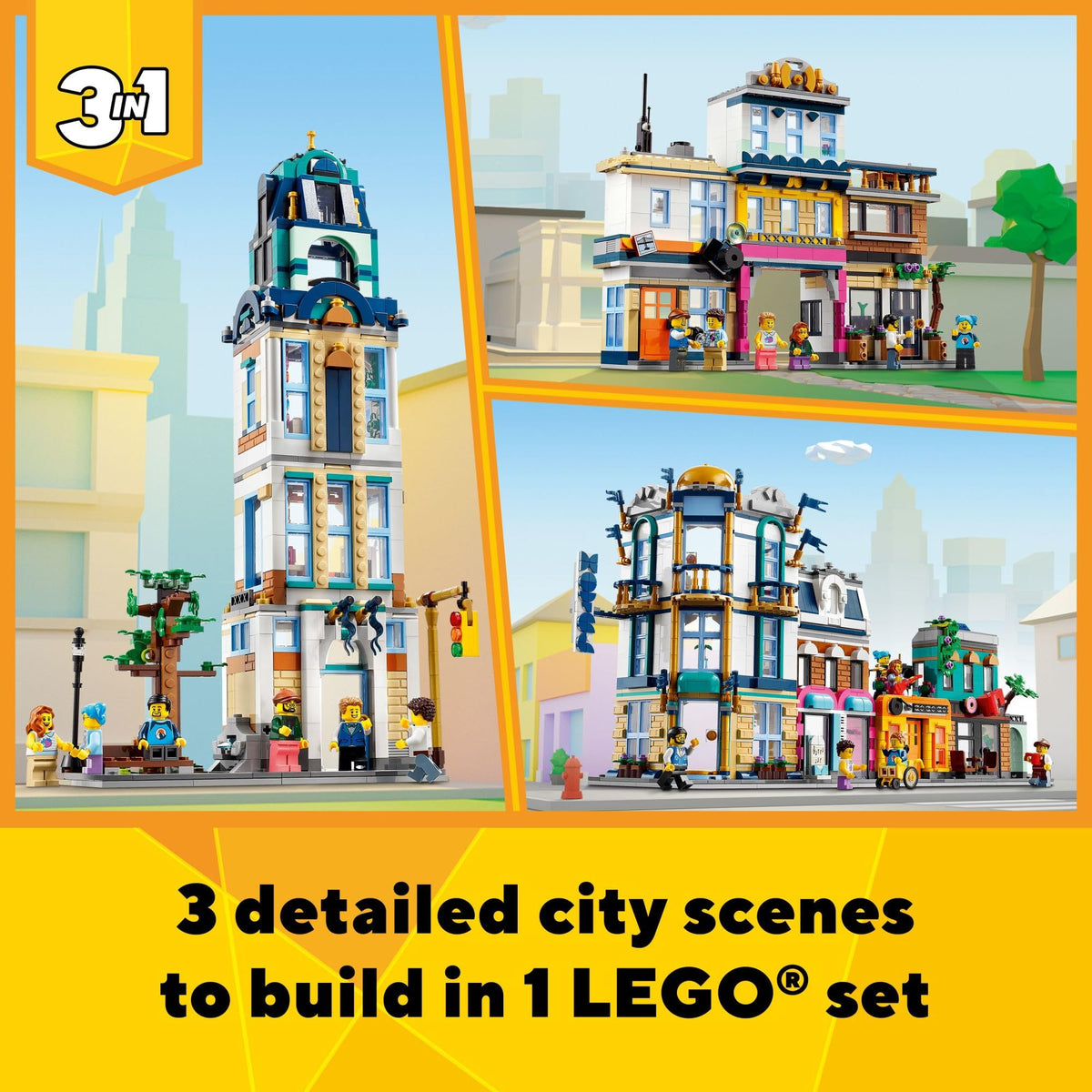 Building Toy Set, 3 in 1 City Art Deco Building, Market Street Hotel, Café Music Store and 6 Minifigures Q9702
