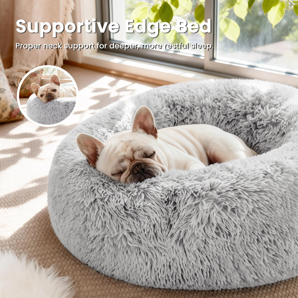 Grey 20in Fluffy Faux Fur Round Cat Bed L937539