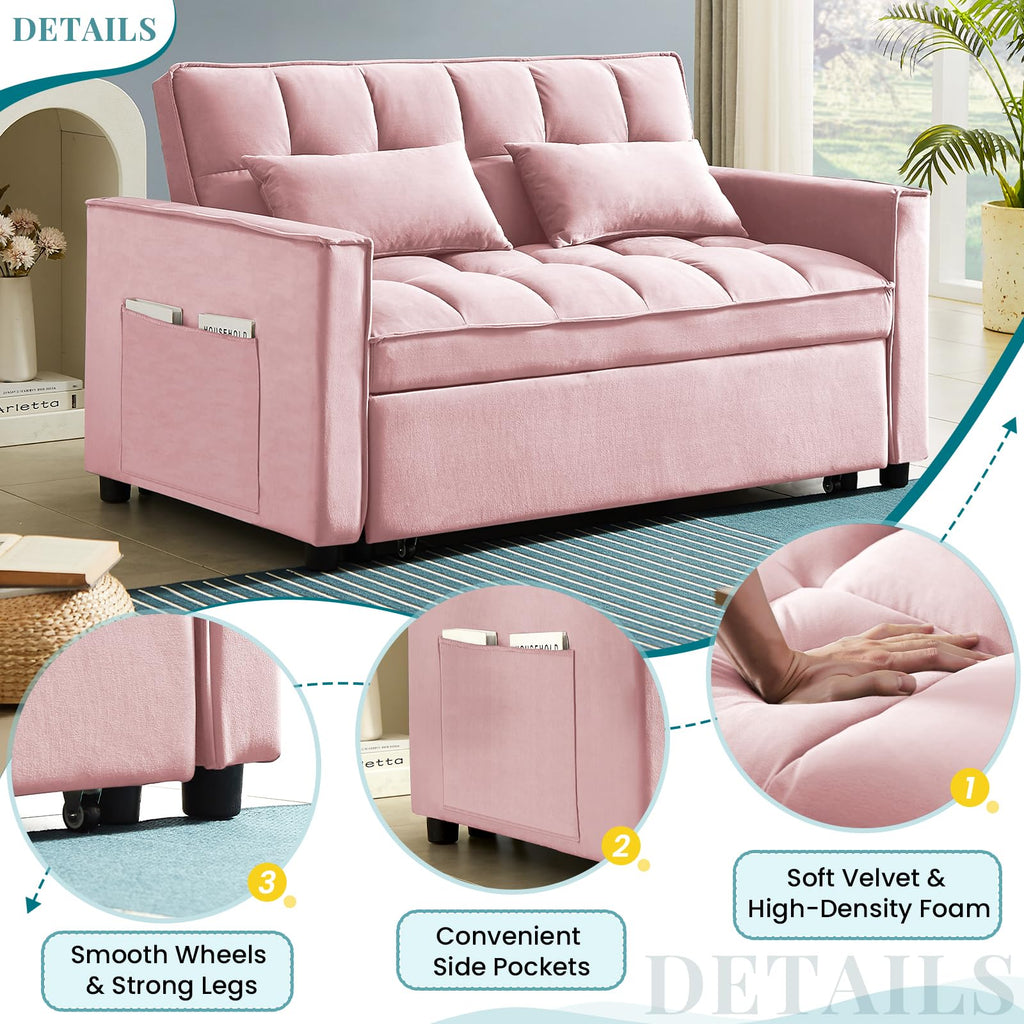 Pink Velvet Convertible Sleeper Sofa Bed X395