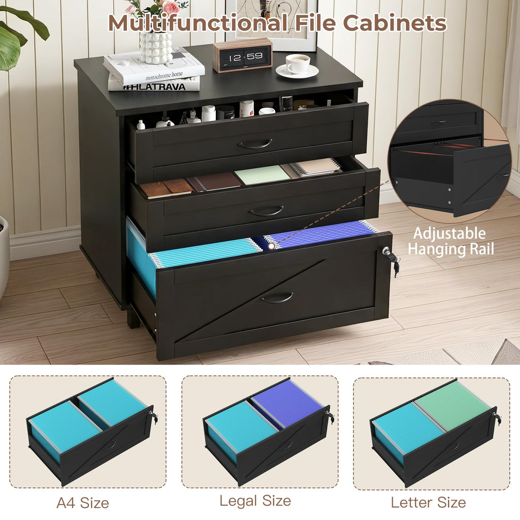 3-Drawer Wooden File Cabinet with Lock C1670