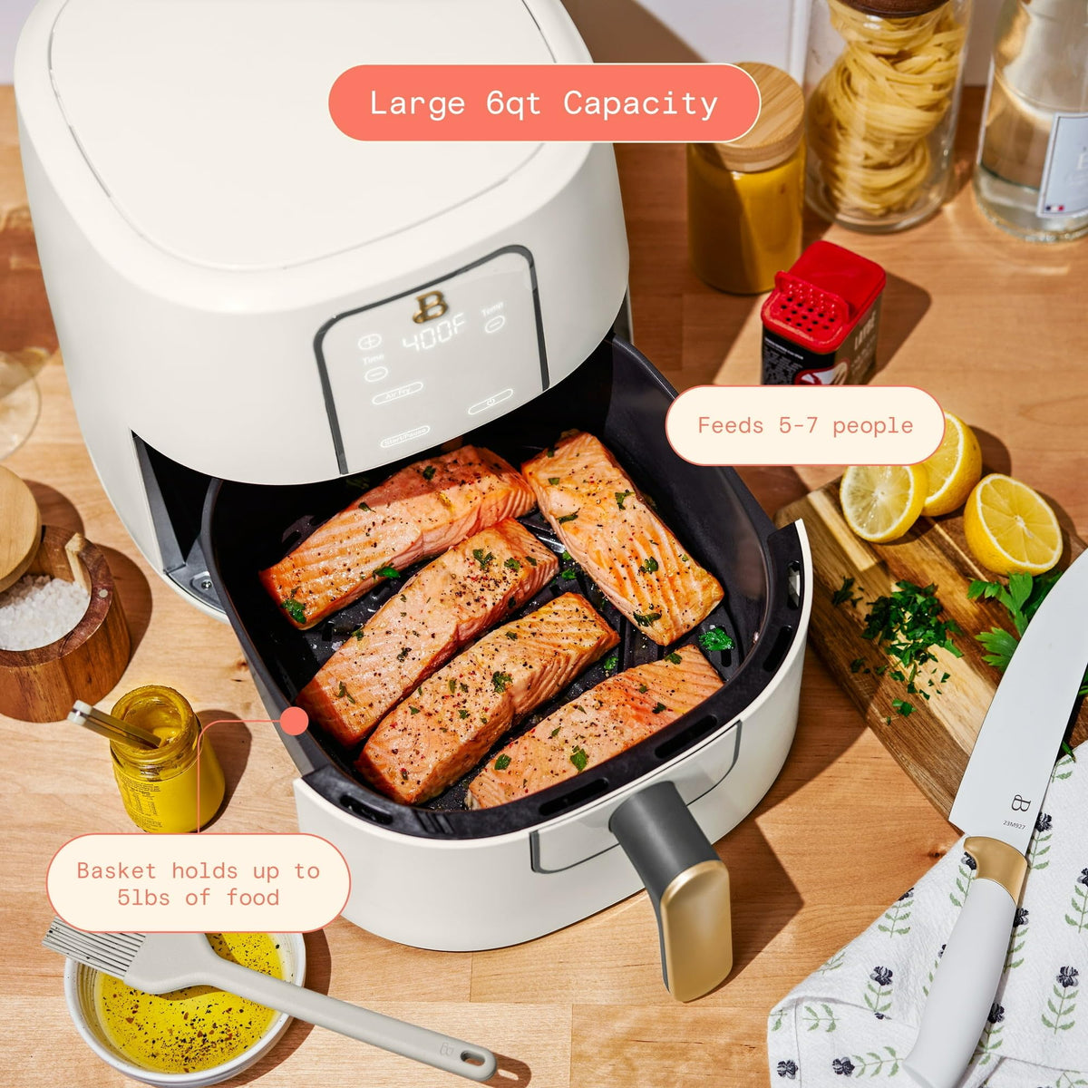 6 Quart Air Fryer with Touch-Activated Display, 4-in-1 Countertop Air Fryer 1750W, Nonstick Dishwasher Safe, White Icing Q751320