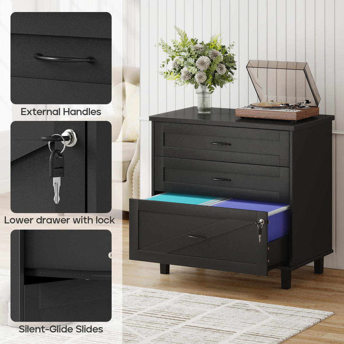 3-Drawer Wooden File Cabinet with Lock C1670