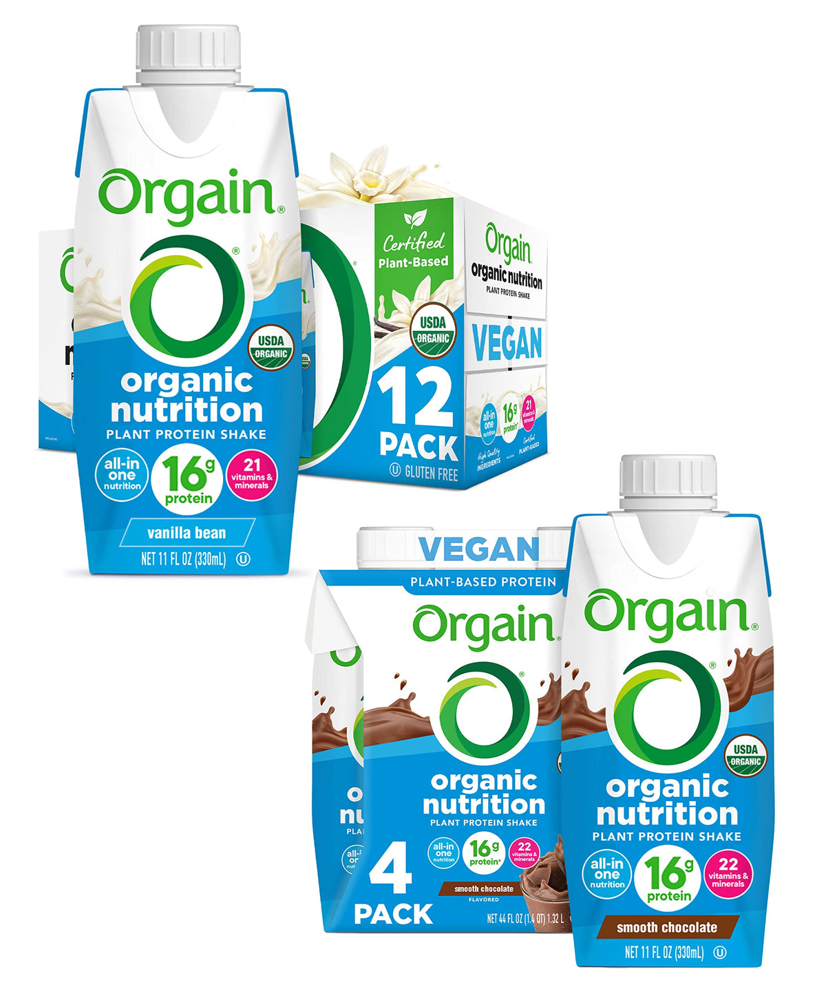 Organic Vegan Plant Based Nutritional Shake, Vanilla Bean + Smooth Chocolate, 11 Fl Oz (Pack of 4) U20599