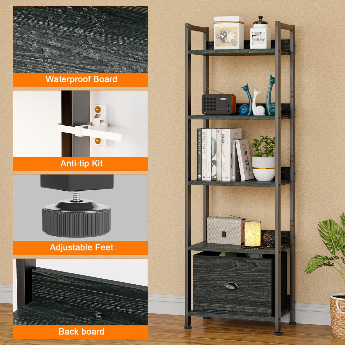 5 Tier Bookshelf with Drawer R780017