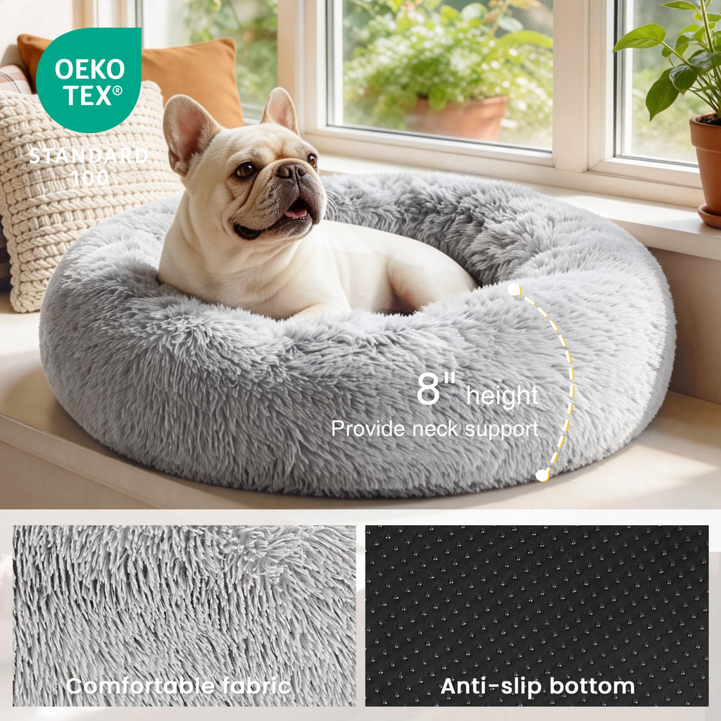 Grey 20in Fluffy Faux Fur Round Cat Bed L937539