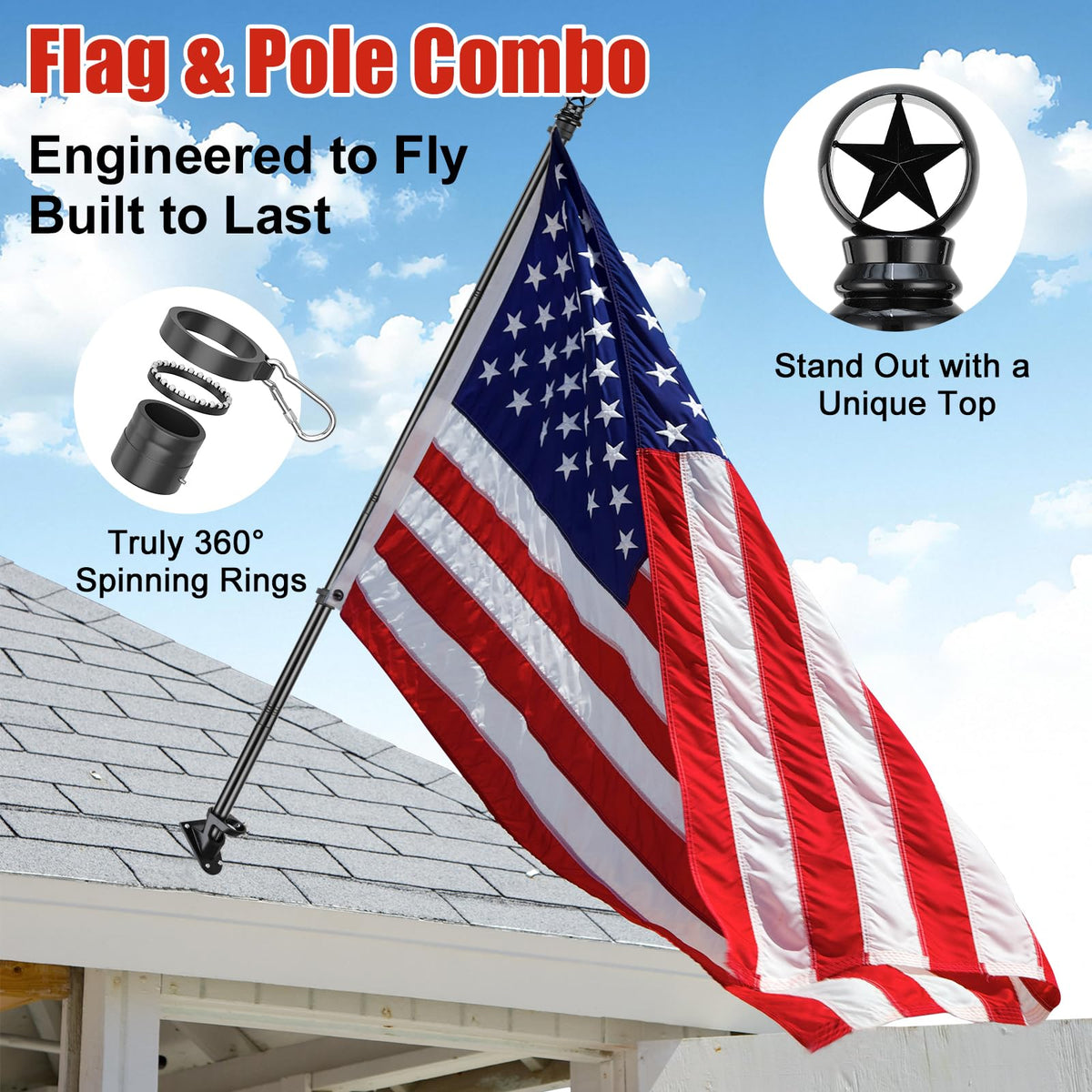 5ft Stainless Steel Flagpole with 3x5 Embroidered US Flag T9845