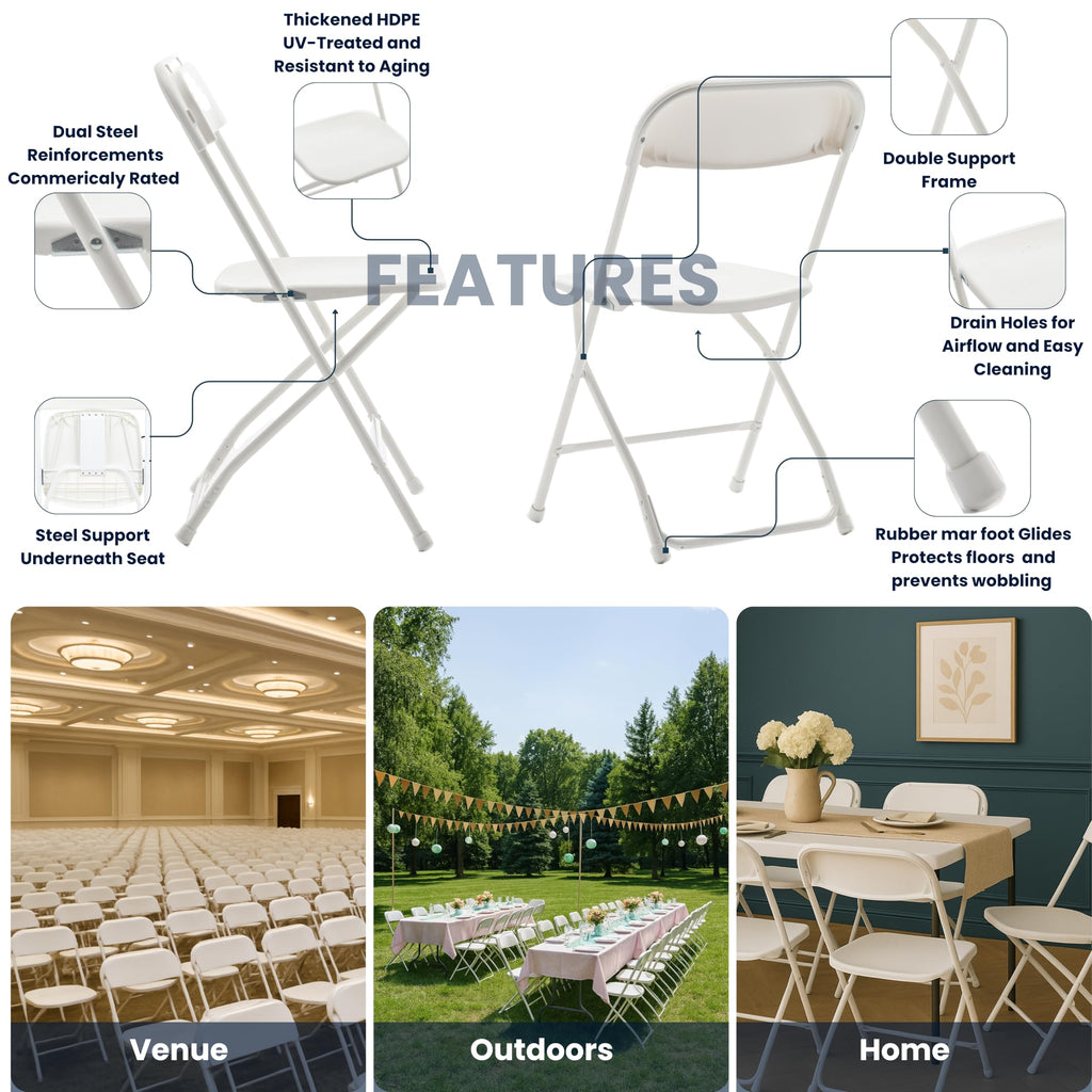 White Plastic Folding Chairs Set of 10 Steel Frame I9030