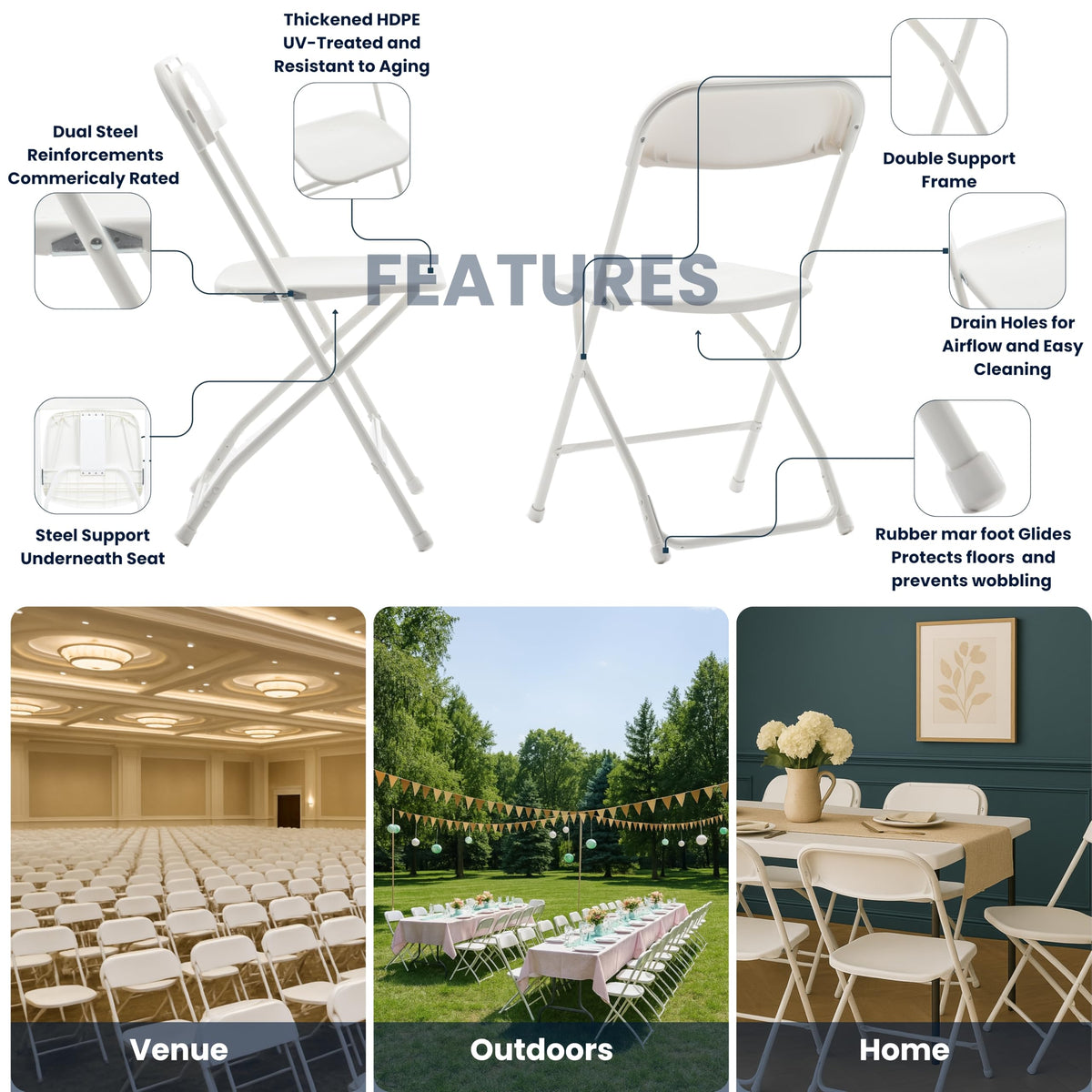 White Plastic Folding Chairs Set of 10 Steel Frame I9030