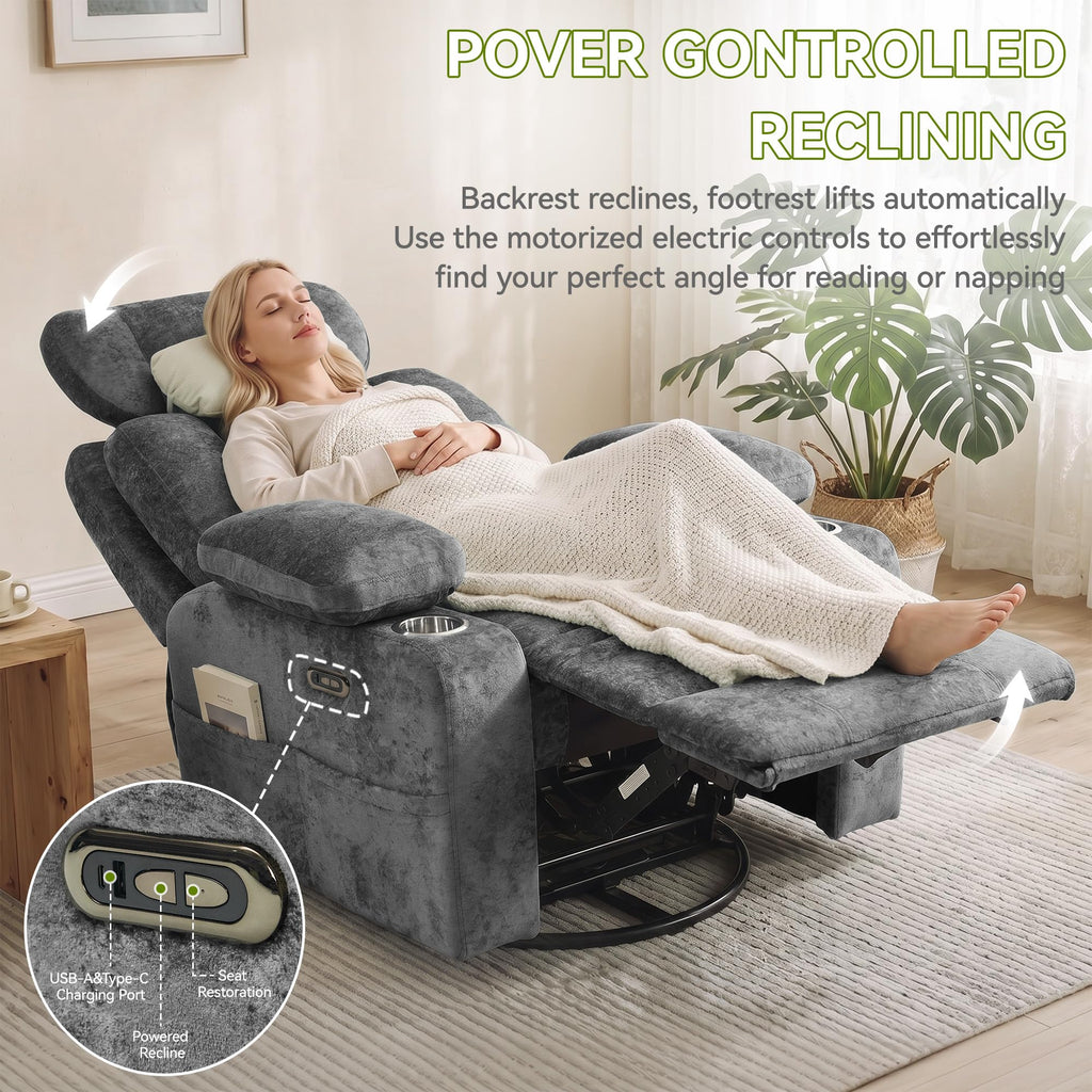 Dark Gray Swivel Rocking Recliner Chair with USB Charging U8305